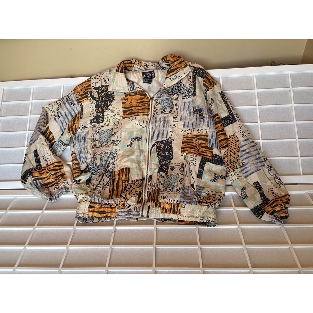 Vintage Abvien Cat Dog Novelty Print Bomber Jacket L Silk Blend Windbreaker 90s